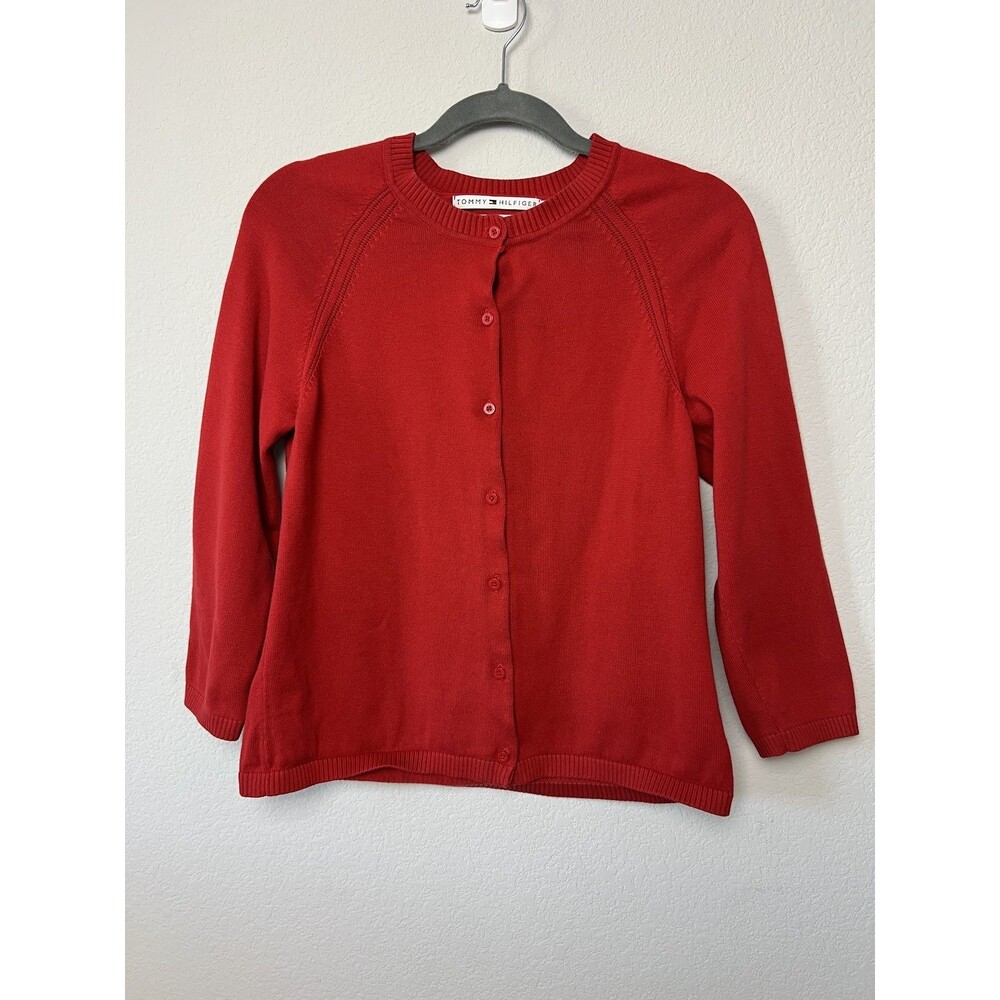 Tommy Hilfiger Red Cotton Button Front Cardigan Sweater Womens Size M Crew Neck